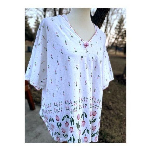 Vintage 90s Nite Angels 100% Cotton T-Shirt Pink Tulips Sleepwear Shirt Sz 3X - Picture 9 of 9